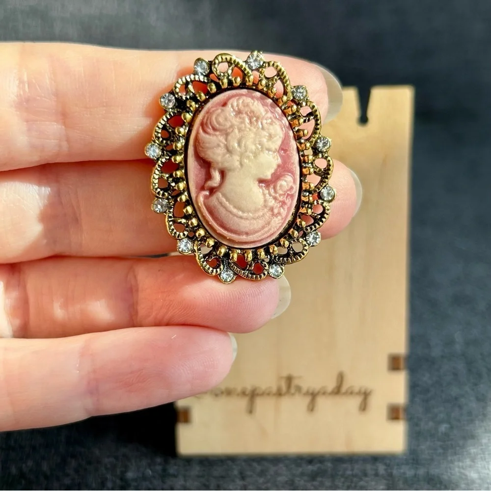 Sparkly Cameo Brooch Pin, Rhinestone Filigree Edging Detail, Red, Pink, Gold